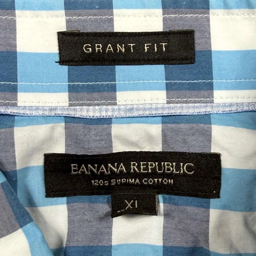 Banana Republic Men XL Grant Fit Blue Gingham 120s Supima Cotton Button Up Shirt